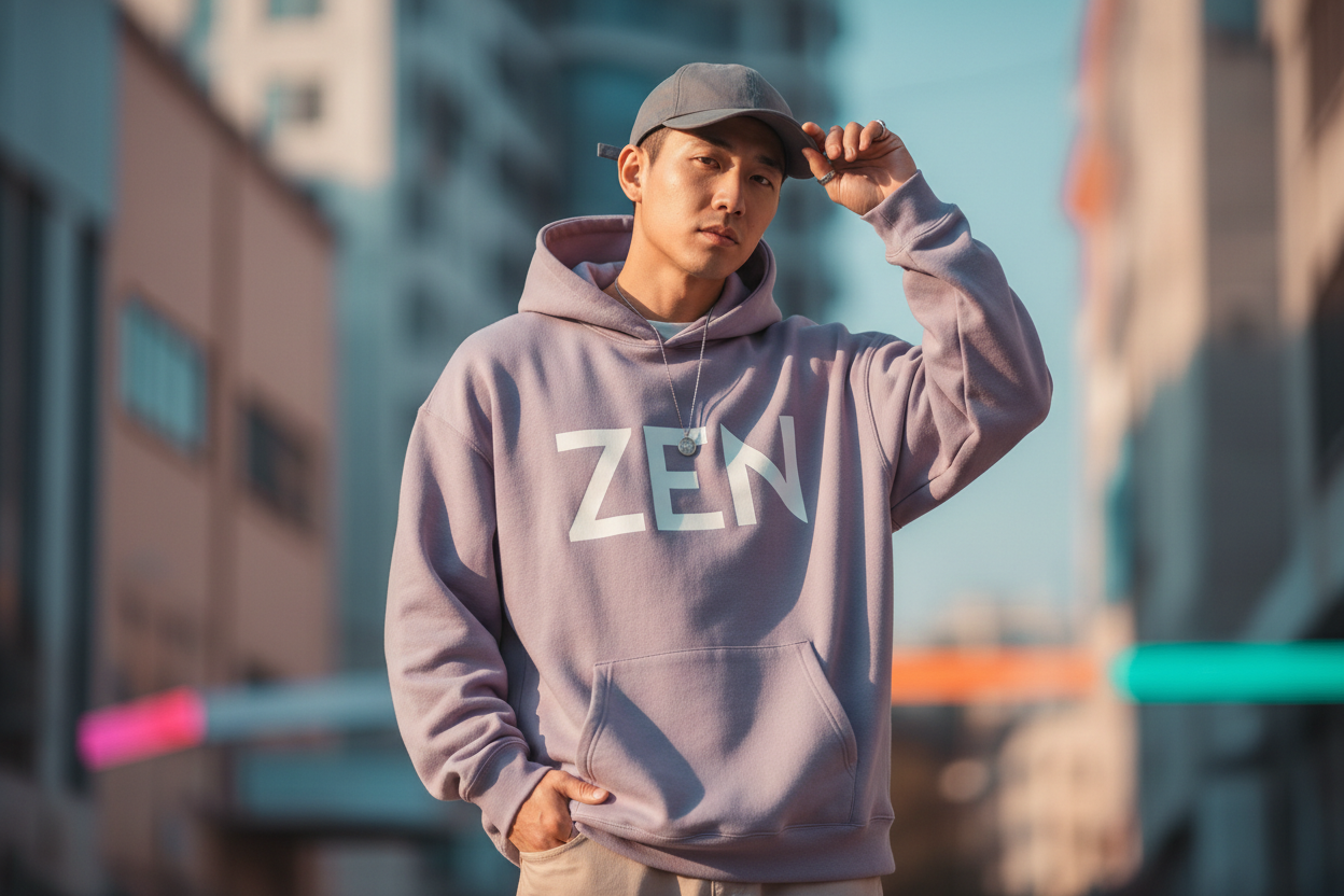 A stylish, urban fashion photoshoot featuring a confident young model wearing a modern oversized hoodie with the bold text “ZEN” on the front. The hoodie is minimalistic yet edgy, in muted or pastel tones. The scene is dynamic and energetic, set against a clean cityscape or abstract colorful background, with natural light highlighting textures. The model poses casually with attitude, exuding streetwear confidence and effortless cool, perfect for a contemporary fashion poster. Include subtle accessories like